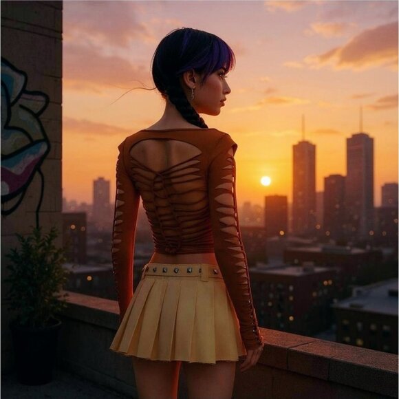 Current Mood Earth Brown Slashed Long Sleeve Crop Top XS - Picture 7 of 9